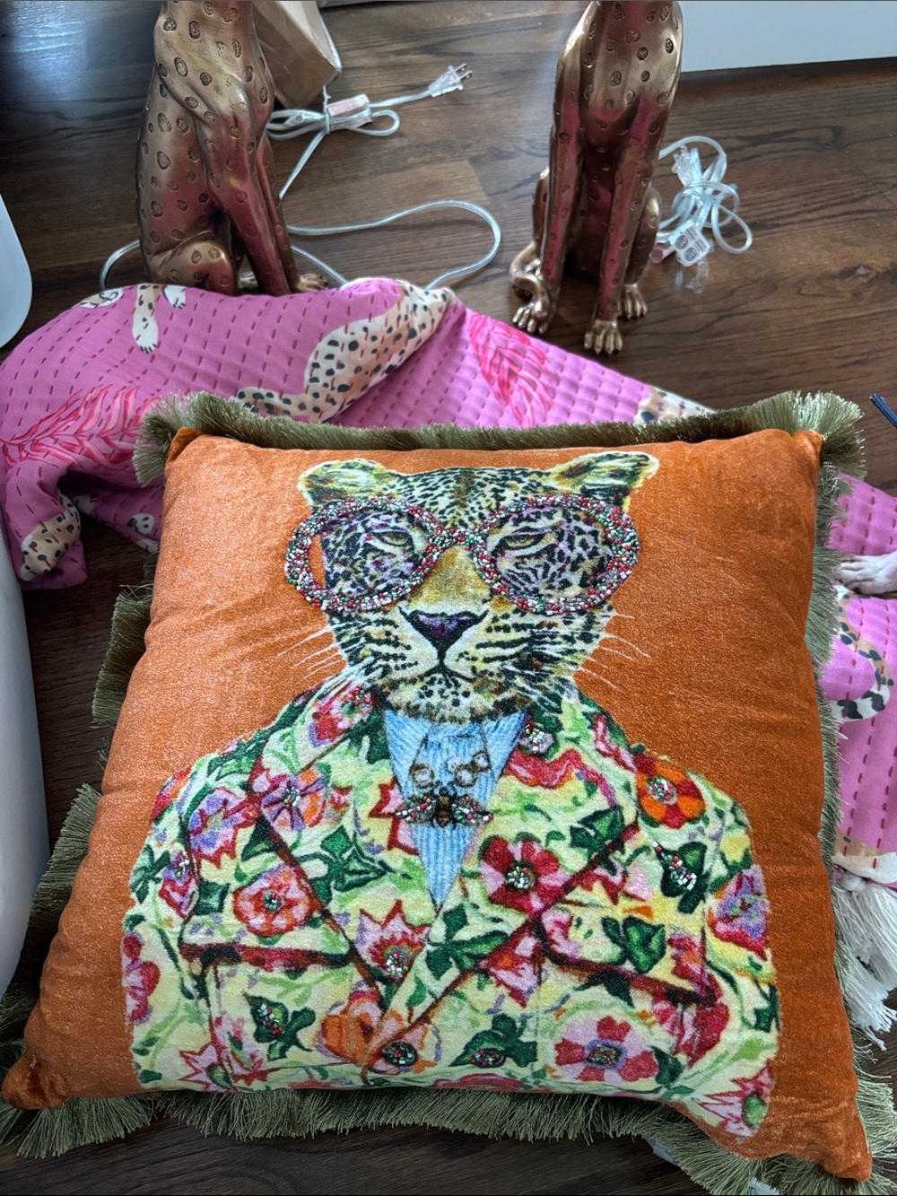 Embroidered Leopard in Floral Blazer Decorative Pillow - Orange, Hot Pink, Beade